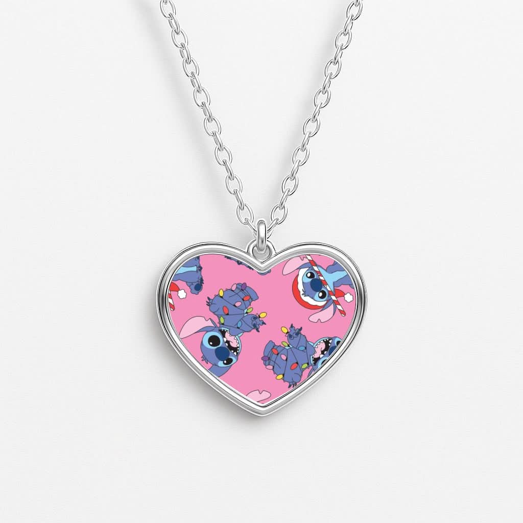 Christmas Cute Blue Alien Pattern Heart Necklace