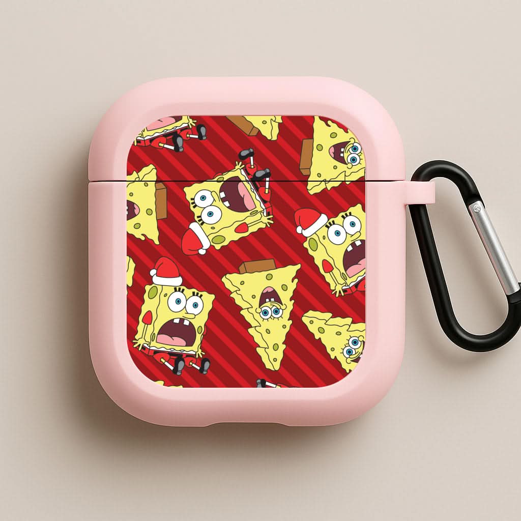 Christmas Cartoon Sponge Stripes Pattern Pink AirPods Case