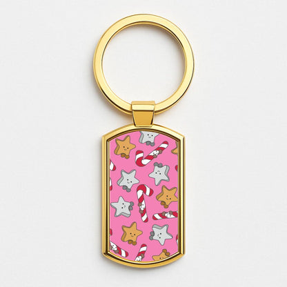 Pink Christmas Plushies Pattern Gold Keyring