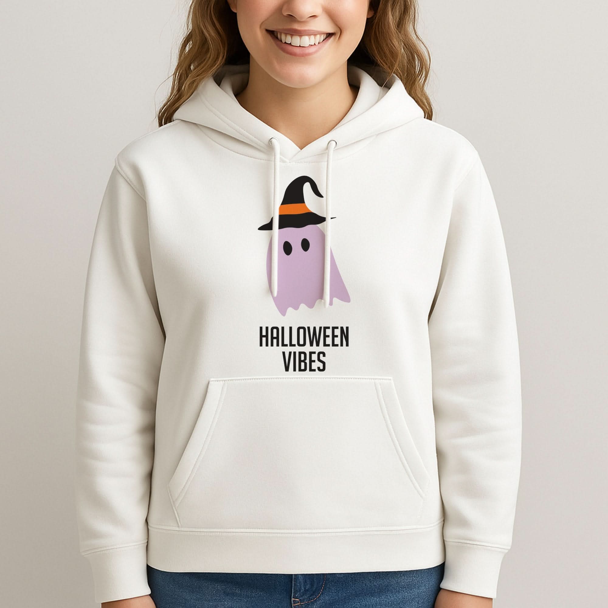 Purple Ghost Halloween Vibes Womans Hooded Sweatshirt