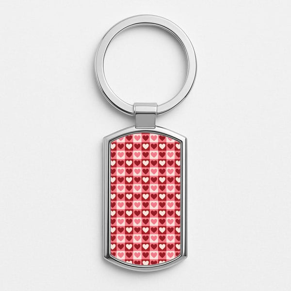 Pink Tartan Love Hearts Pattern Silver Metal Keyring