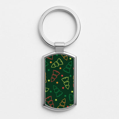 Colourful Christmas Tree Outlines Pattern Silver Metal Keyring
