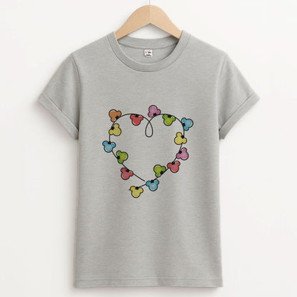 Cartoon Mouse Christmas Fairylights Heart Unisex Grey T-Shirt