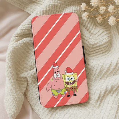 Cartoon Sponge And Starfish Christmas Hats Leather Phone Case