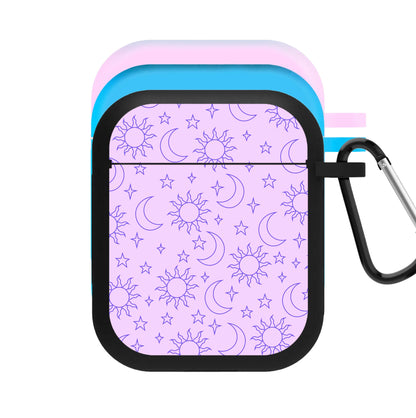 Sun, Moon And Stars Pattern Mauve AirPods Case