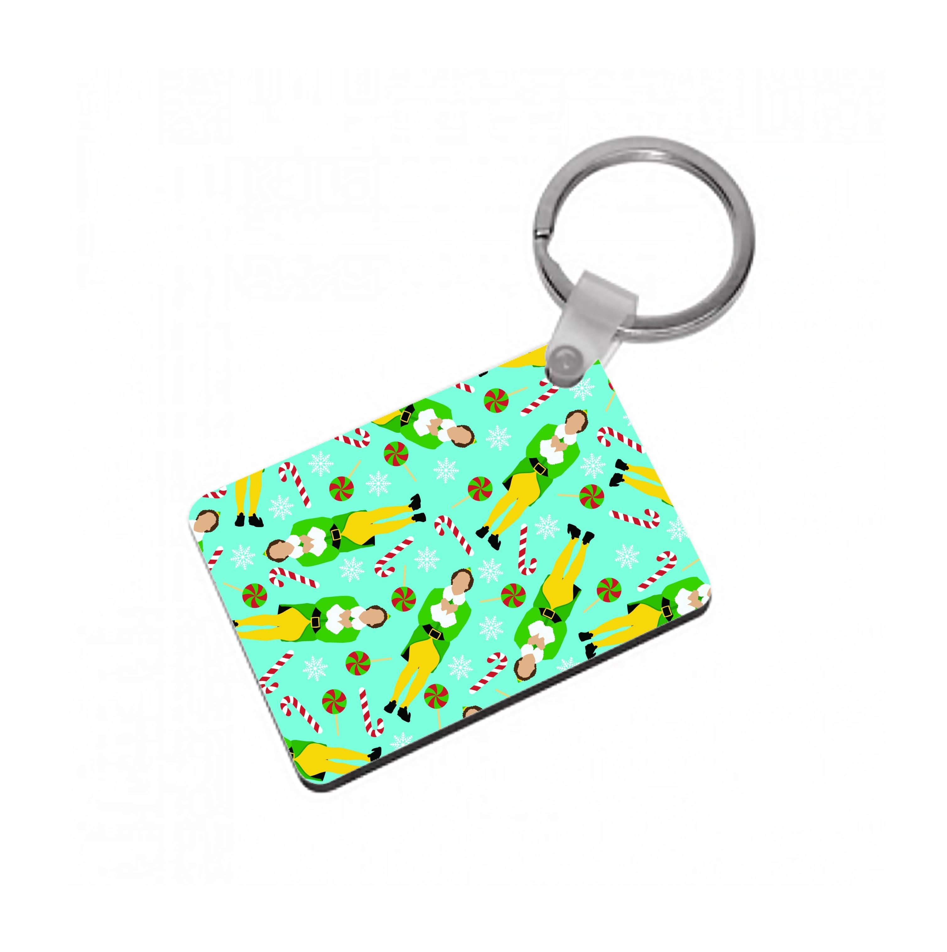 Elf Candy Cane Pattern Blue Keyring