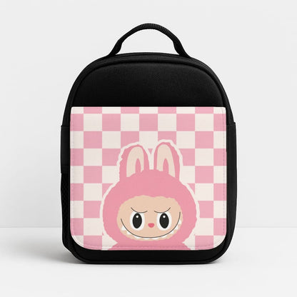 Checkered Cute Pink Monster  Insulated Lunch Bag