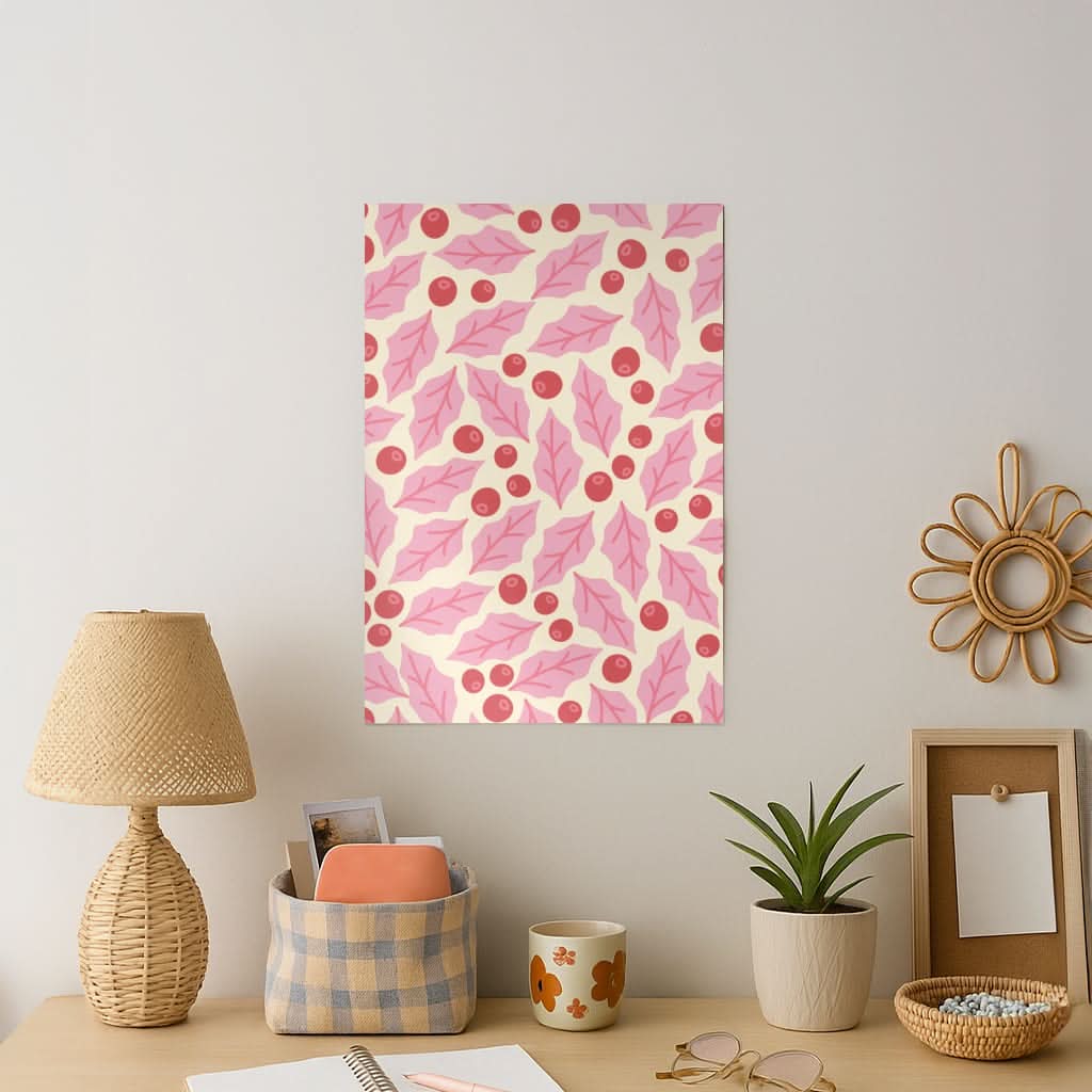 Pink Holly And Berries Pattern Art Print