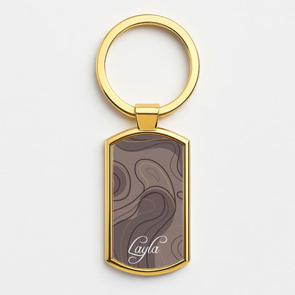 Brown Marble Waves Personalised Name Gold Keyring