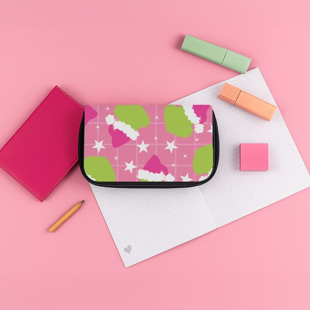 Pink Green Creature Xmas Pattern Pencil Case