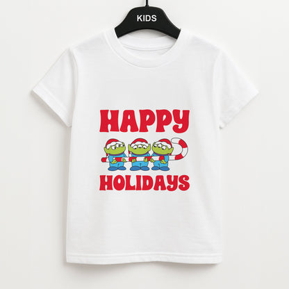 Happy Holidays Cute Green Aliens Kids Unisex T-Shirt