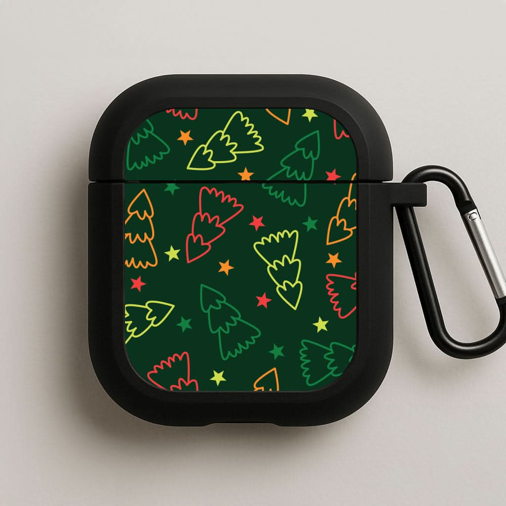 Colourful Christmas Tree Outlines Pattern Black AirPods Case