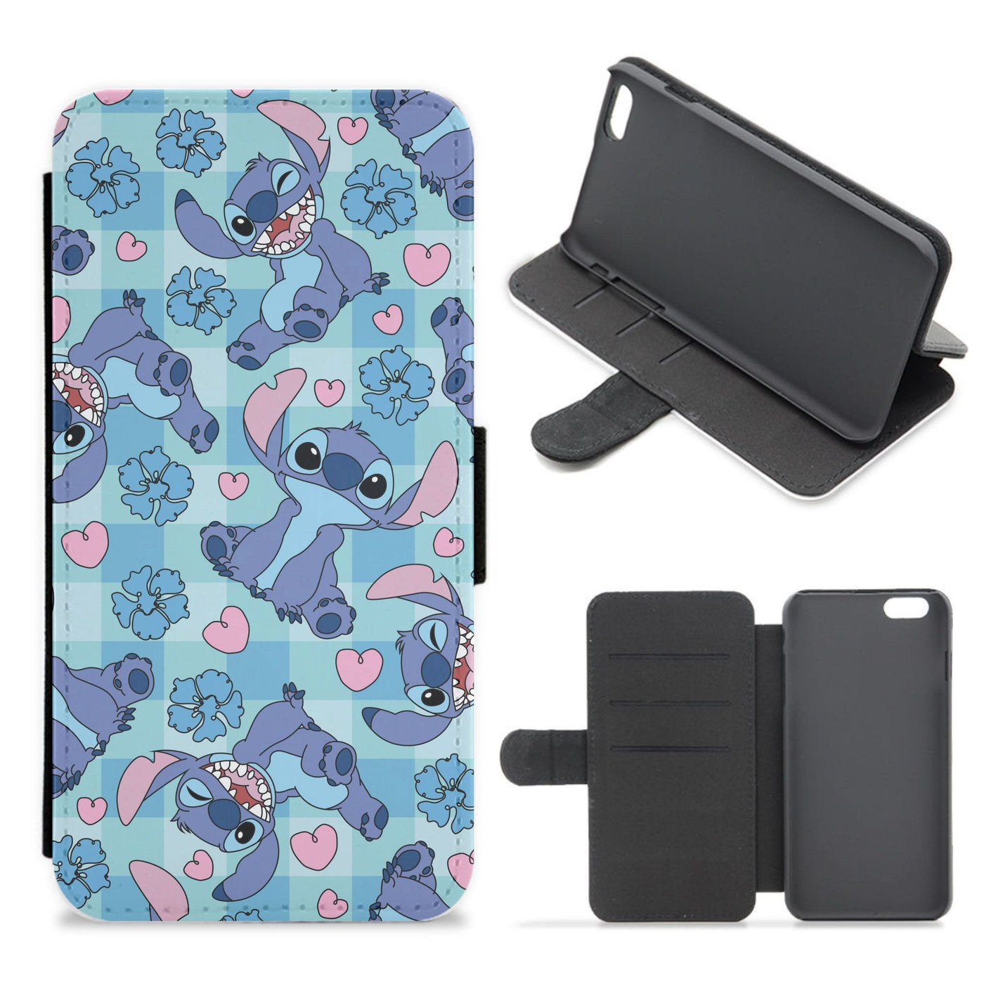 Blue Alien And Hearts Pattern Flip / Wallet Phone Case