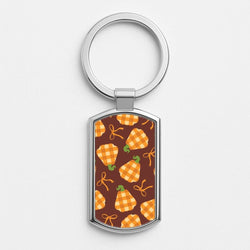 Tartan Pumpkins And Bows Pattern Silver Metal Keyring