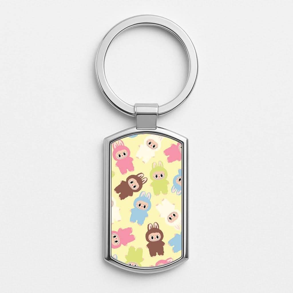 Colourful Little Monsters Pattern Silver Metal Keyring