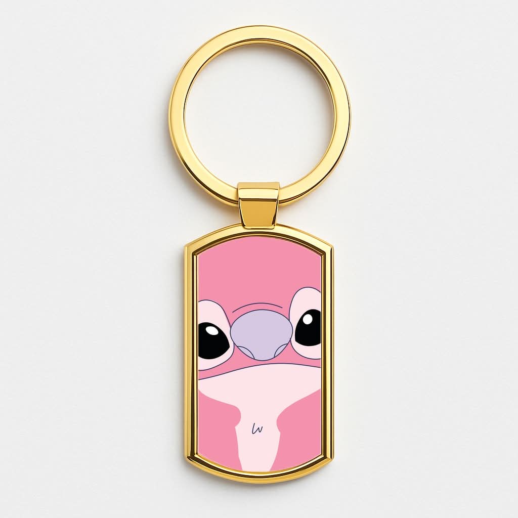 Cute Pink Alien Face Gold Keyring