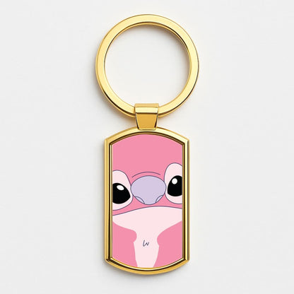 Cute Pink Alien Face Gold Keyring
