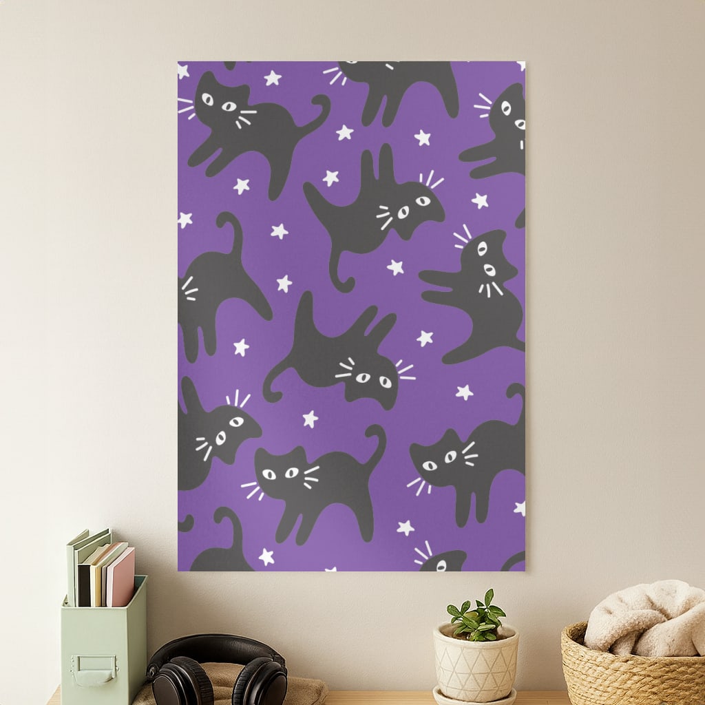 Cartoon Black Cats And Stars Pattern Poster