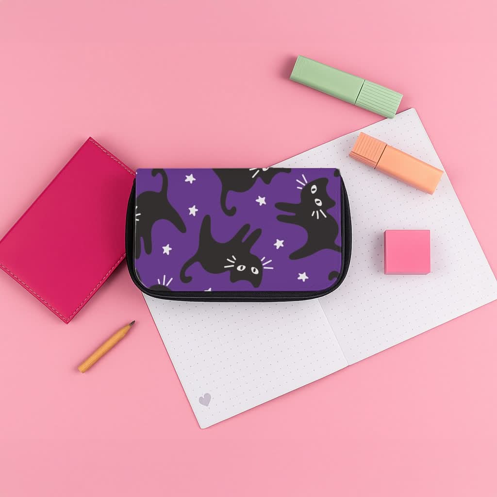 Cartoon Black Cats And Stars Pattern Pencil Case