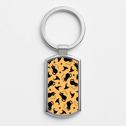 Black Cat And Hats Pattern Silver Metal Keyring
