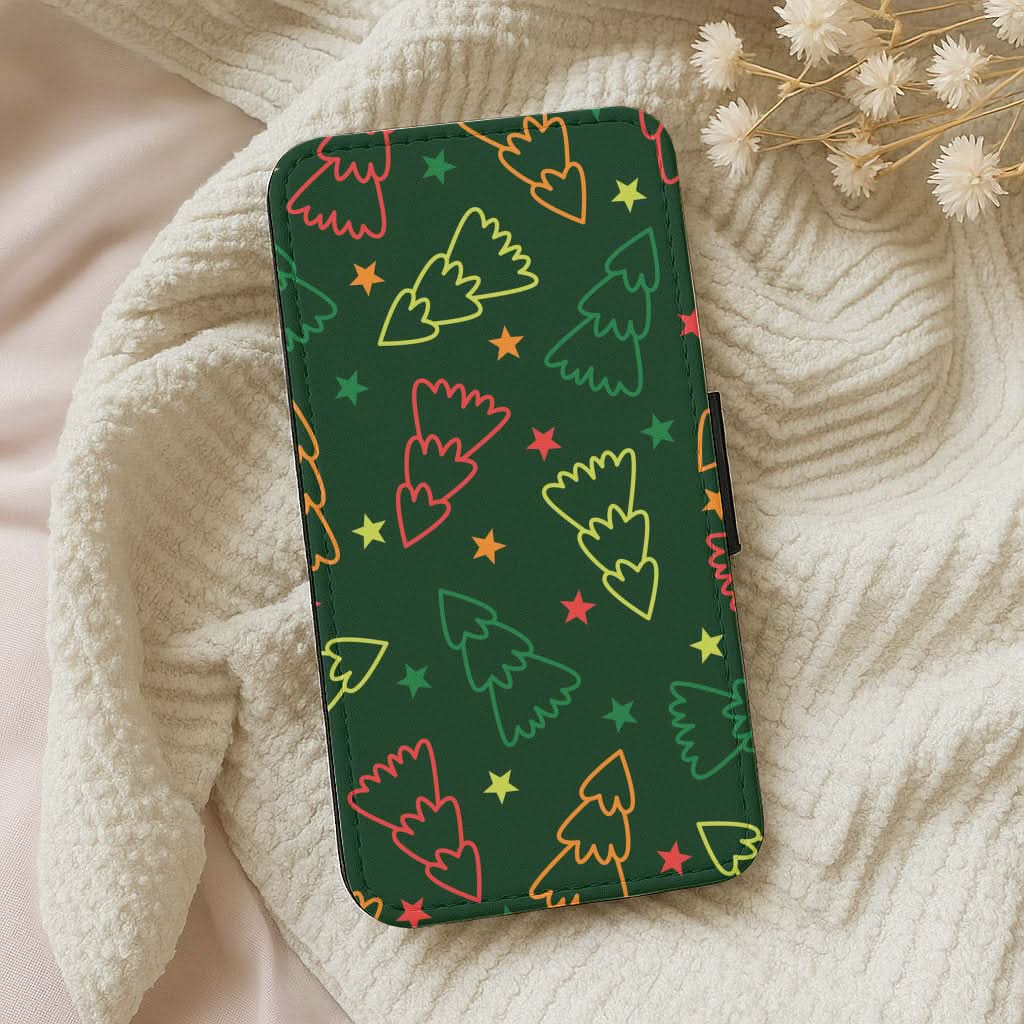 Colourful Christmas Tree Outlines Pattern Leather Phone Case