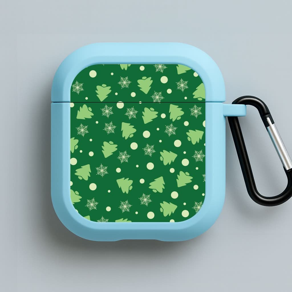 Cartoon Christmas Trees And Snowflakes Pattern Blue AirPods Case