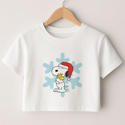 Christmas Cartoon Beagle And Bird  Crop Top