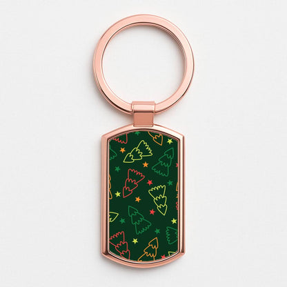 Colourful Christmas Tree Outlines Pattern Rose Gold Keyring