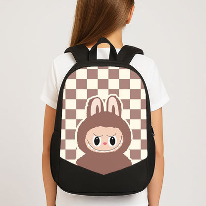 Checkered Cute Brown Monster  School Bag