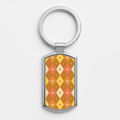 Retro Christmas Argyle Pattern Silver Metal Keyring