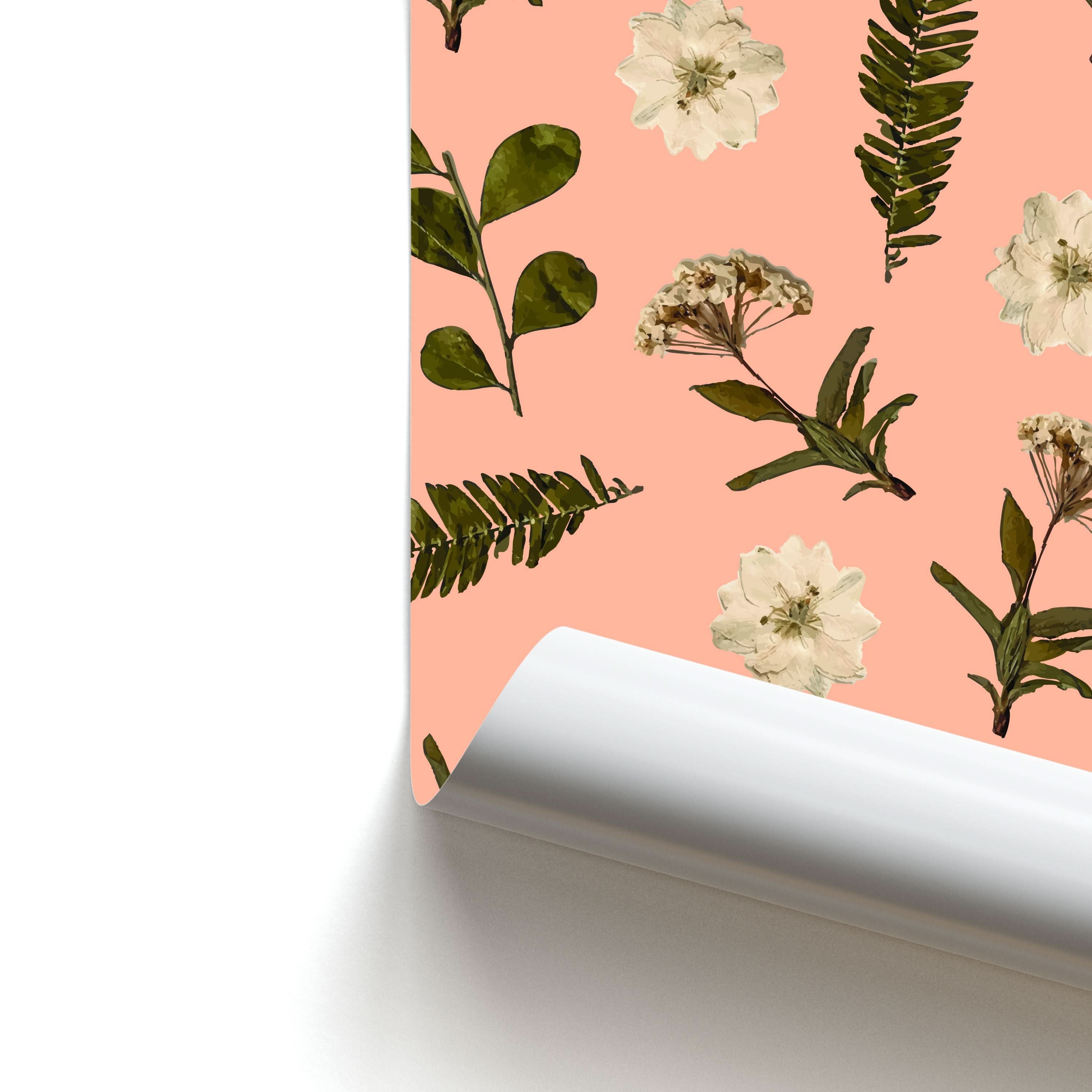 Leaves And Pressed Flowers Peach Pattern  Poster