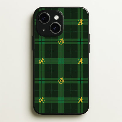 Superhero Team Green Tartan Pattern iPhone 14 Plus Case