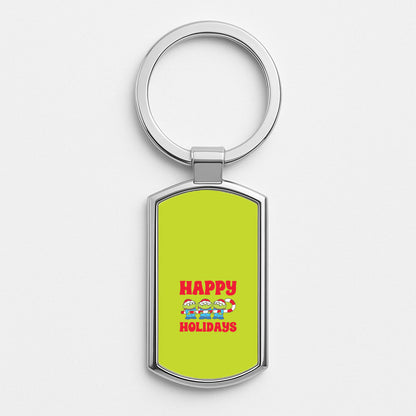 Happy Holidays Cute Green Aliens Silver Metal Keyring