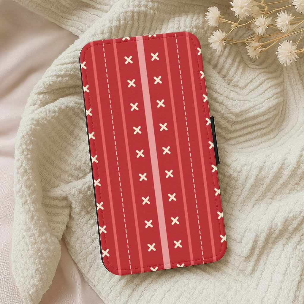 Stripes And Stitches Red Christmas Pattern Leather Phone Case