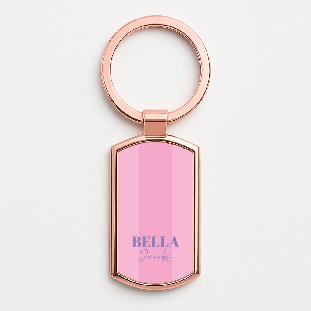 Pink Stripe Personalised Name Rose Gold Keyring