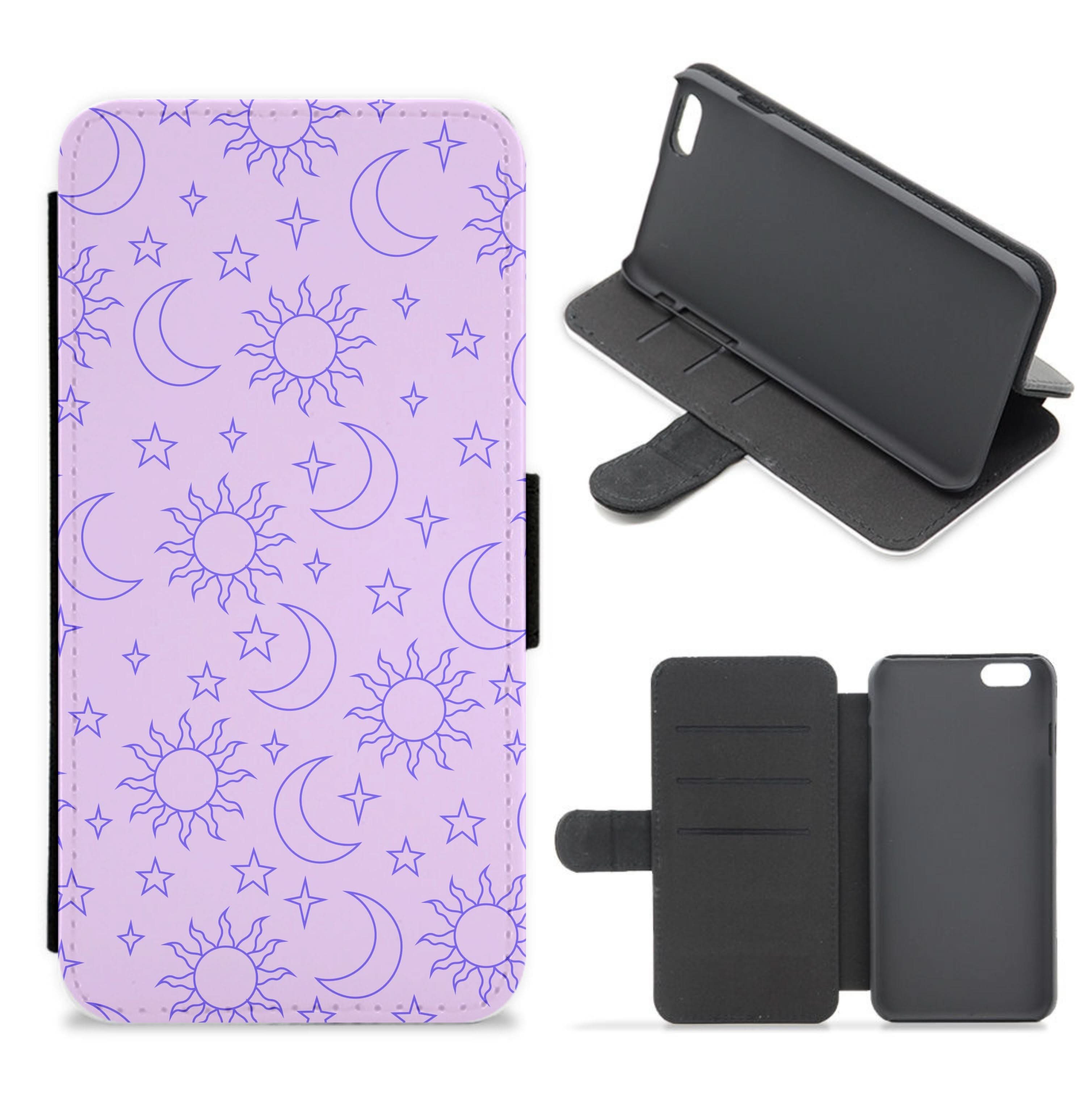 Sun, Moon And Stars Pattern Mauve Flip / Wallet Phone Case