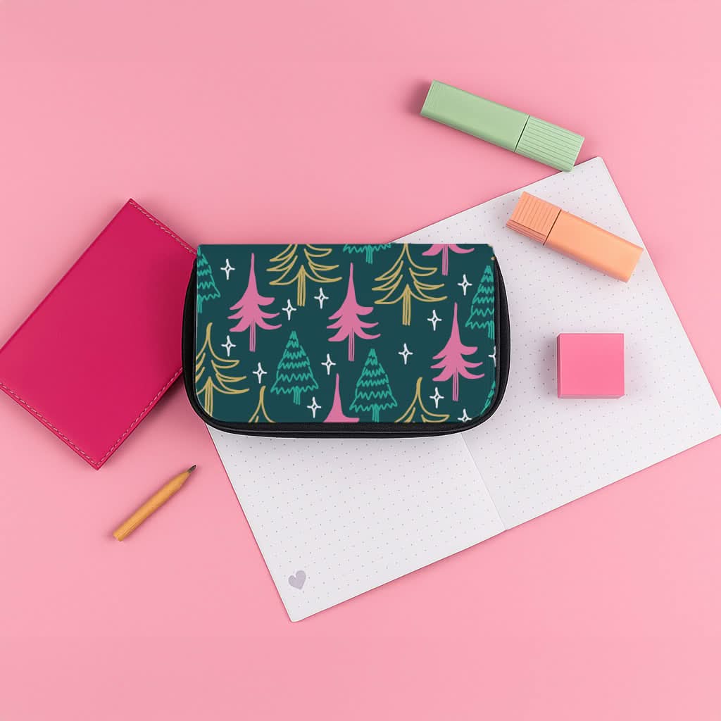 Colourful Sketched Christmas Trees Pattern Pencil Case
