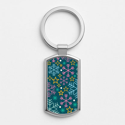 Colourful Christmas Symbols Pattern Silver Metal Keyring