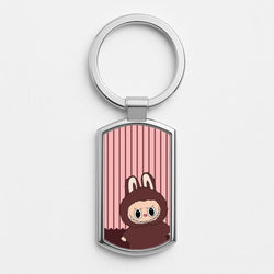 Stripey Cute Brown Monster Silver Metal Keyring