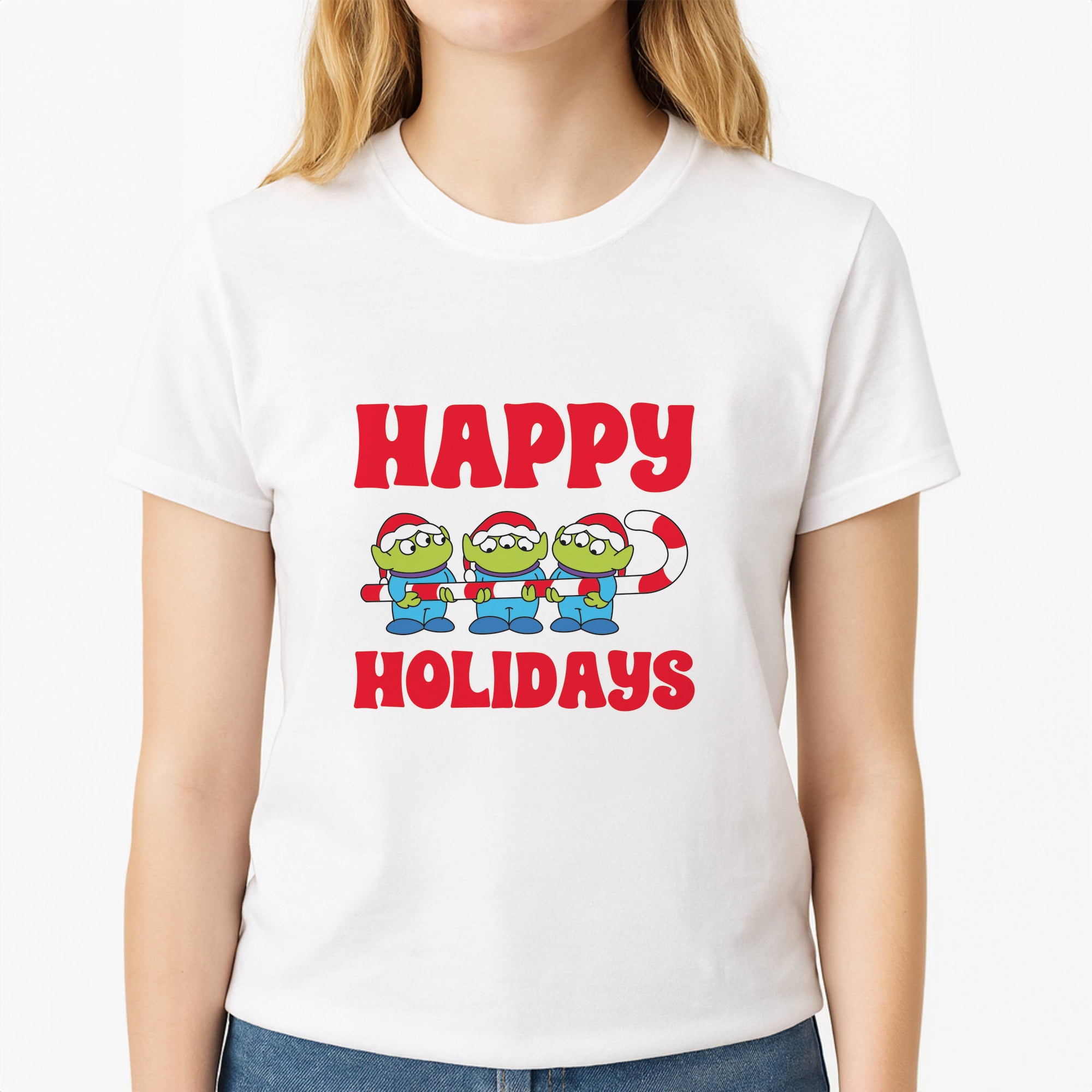 Happy Holidays Cute Green Aliens Womens T-Shirt