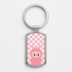 Checkered Cute Pink Monster  Silver Metal Keyring