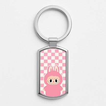 Checkered Cute Pink Monster  Silver Metal Keyring
