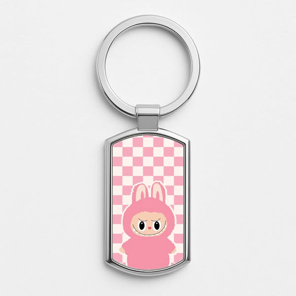 Checkered Cute Pink Monster  Silver Metal Keyring