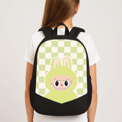 Checkered Cute Green Monster  School Bag
