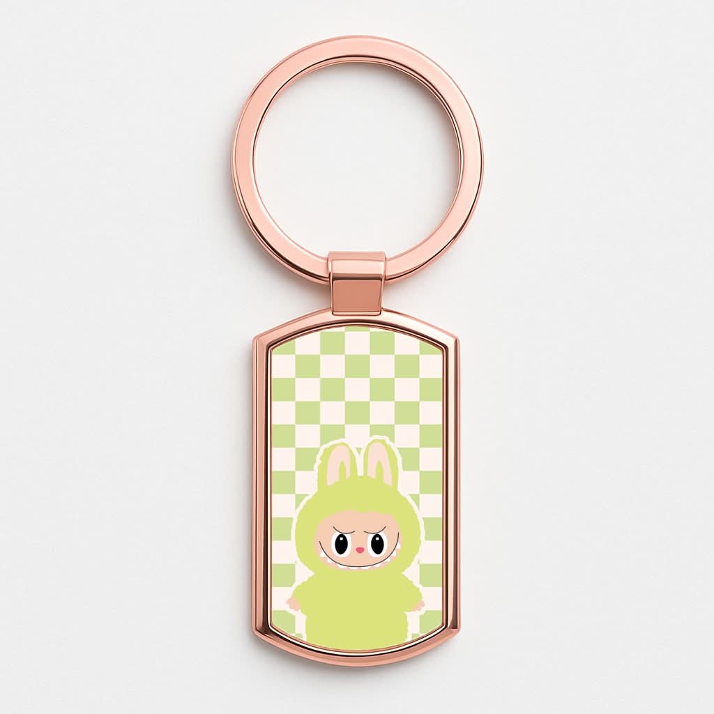 Checkered Cute Green Monster  Rose Gold Keyring