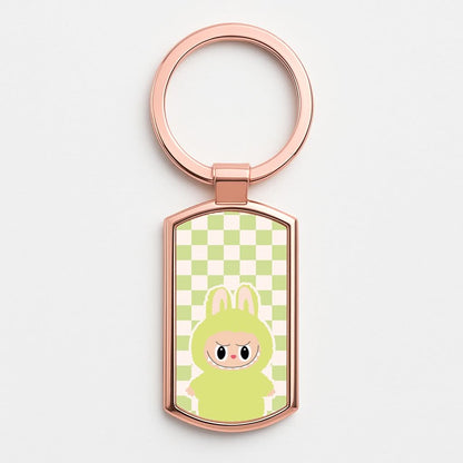 Checkered Cute Green Monster  Rose Gold Keyring