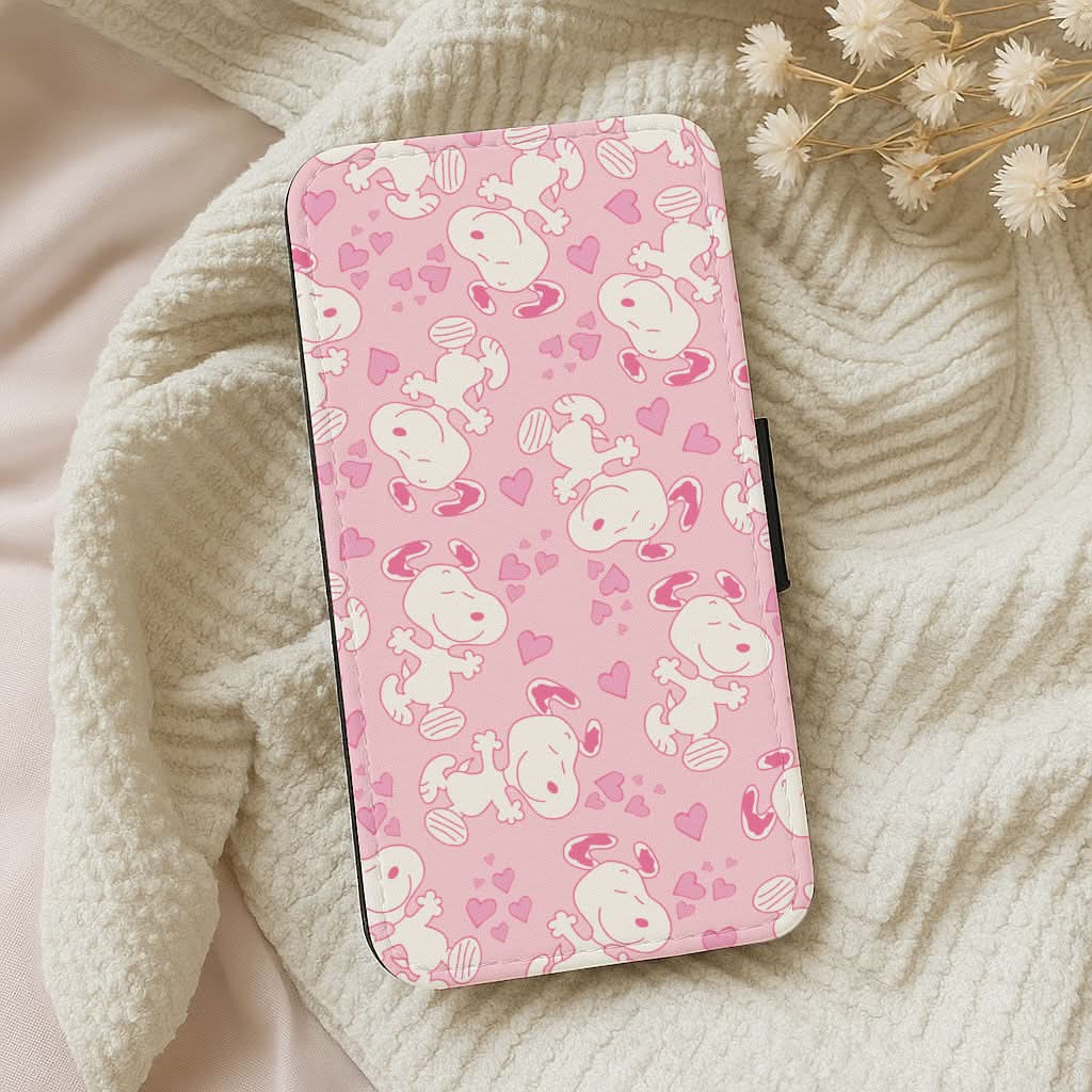 Cartoon Beagle Valentine Hearts Pattern Leather Phone Case