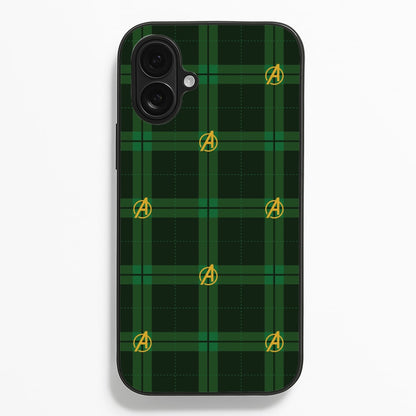 Superhero Team Green Tartan Pattern iPhone 16 Plus Case