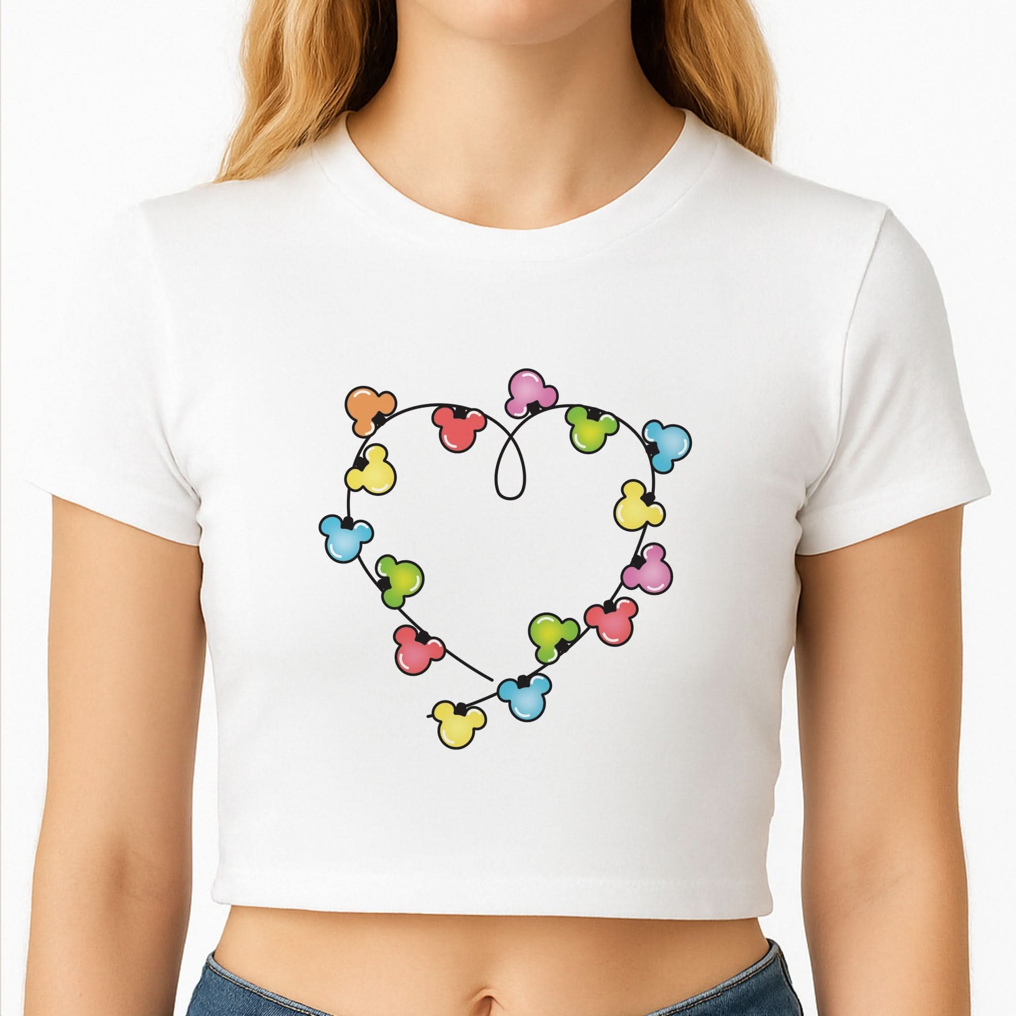 Cartoon Mouse Christmas Fairylights Heart Crop Top