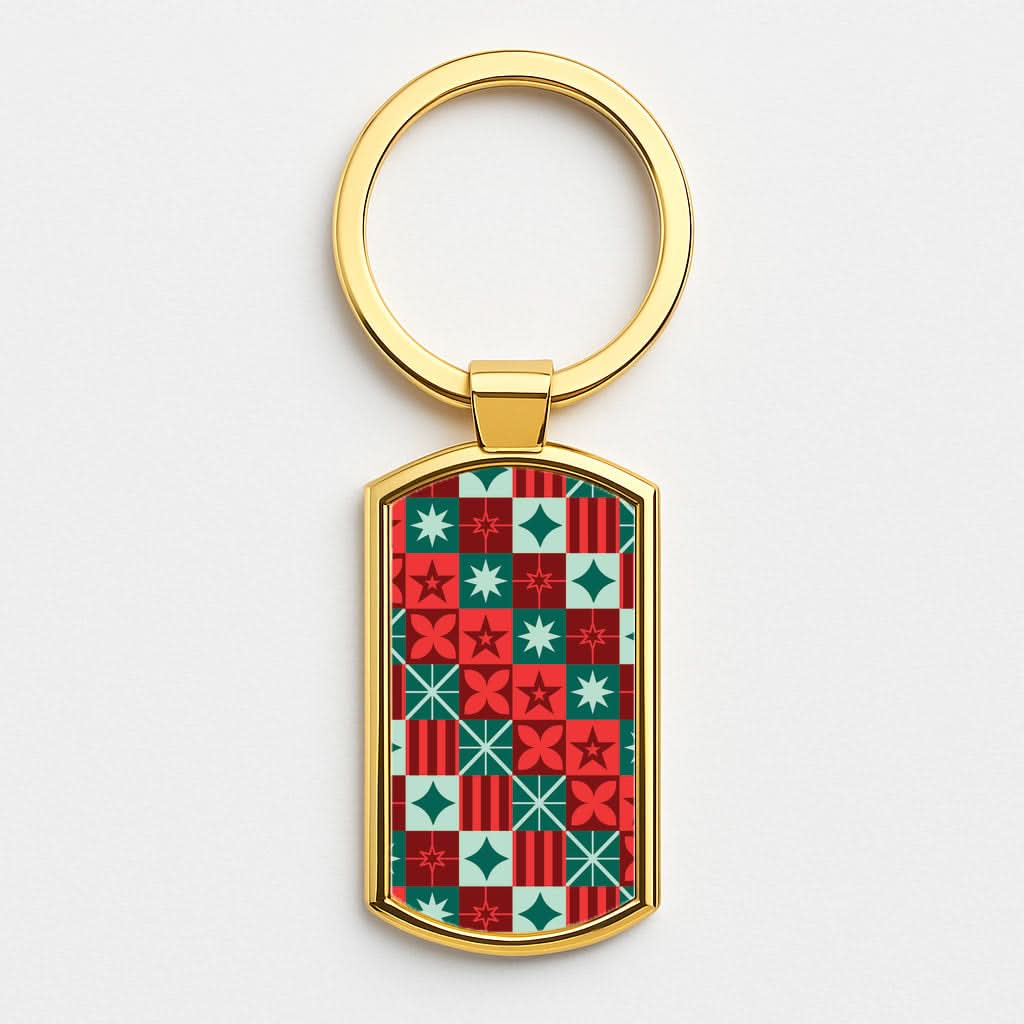 Geometric Square Christmas Pattern Gold Keyring